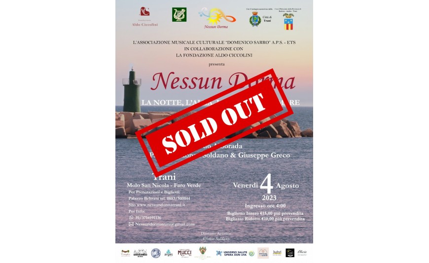 4  Agosto Concerto all'alba "Nessun dorma" - Molo San Nicola Faro verde (al braccio). Biglietti SOLD OUT