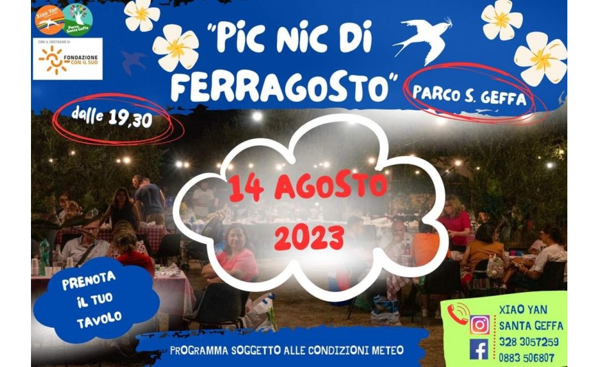 14 Agosto ore 19:30 Pic nic di Ferragosto  al Parco di  Santa Geffa